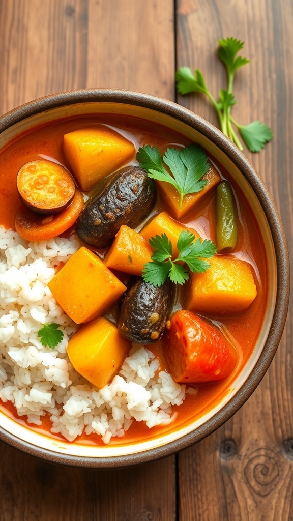 A vibrant bowl of Guyanese Seven Curry with assorted vegetables in coconut milk, garnished with cilantro, served with rice.
